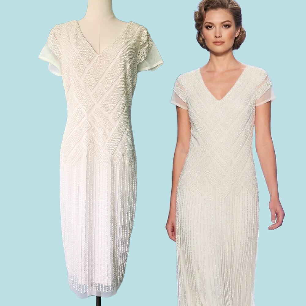 New ADRIANNA PAPELL Ivory Beaded Cocktail Midi Dress Size 8 Short Sleeve V-Neck